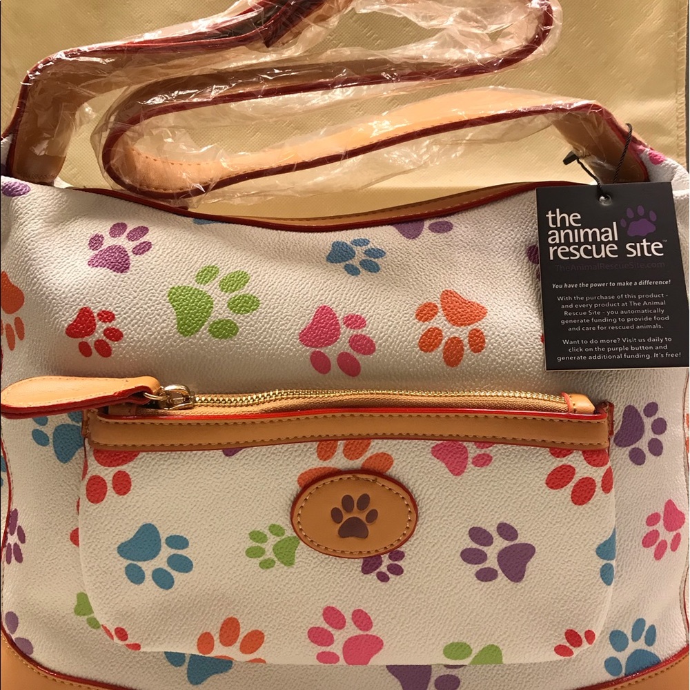 White/multi Paw print handbag, durable